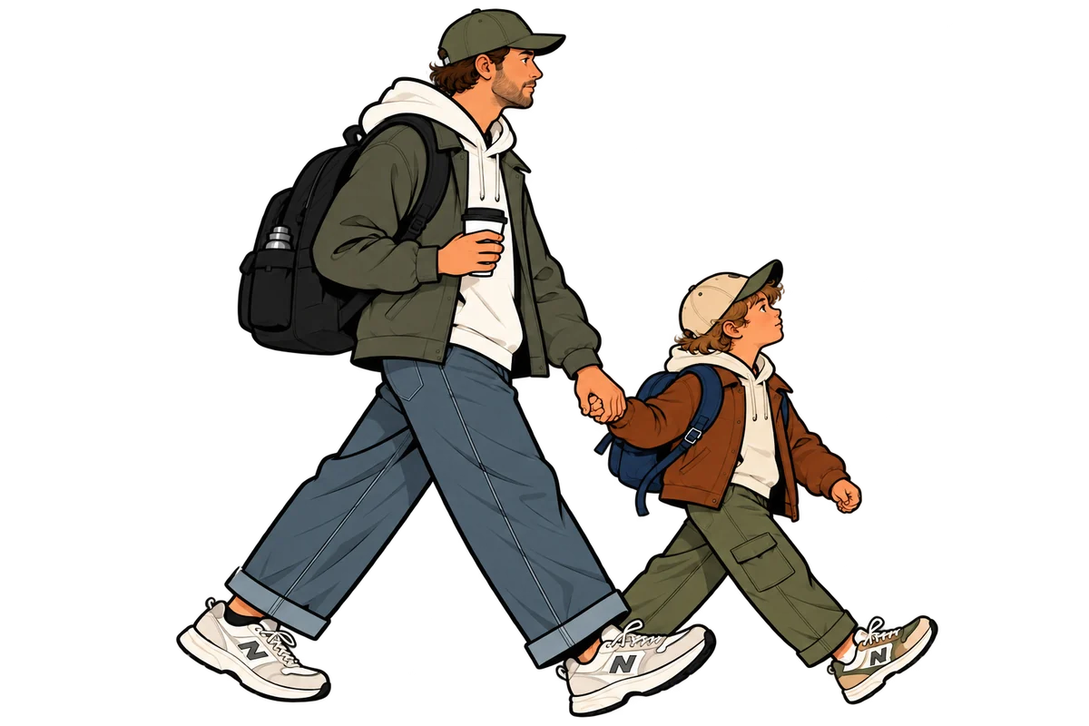 A dad with a backpack walks hand in hand with his son.
