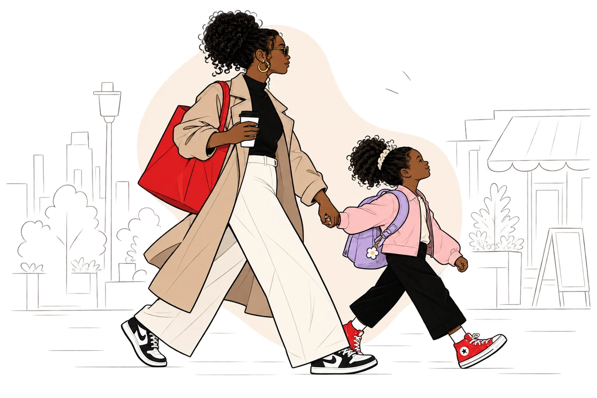 A mom walks her daughter home, both looking ahead.
