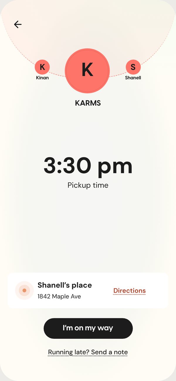 Codaze swap flow: Karms’s 3:30 PM pickup at Shanell’s place, with an I’m on my way button