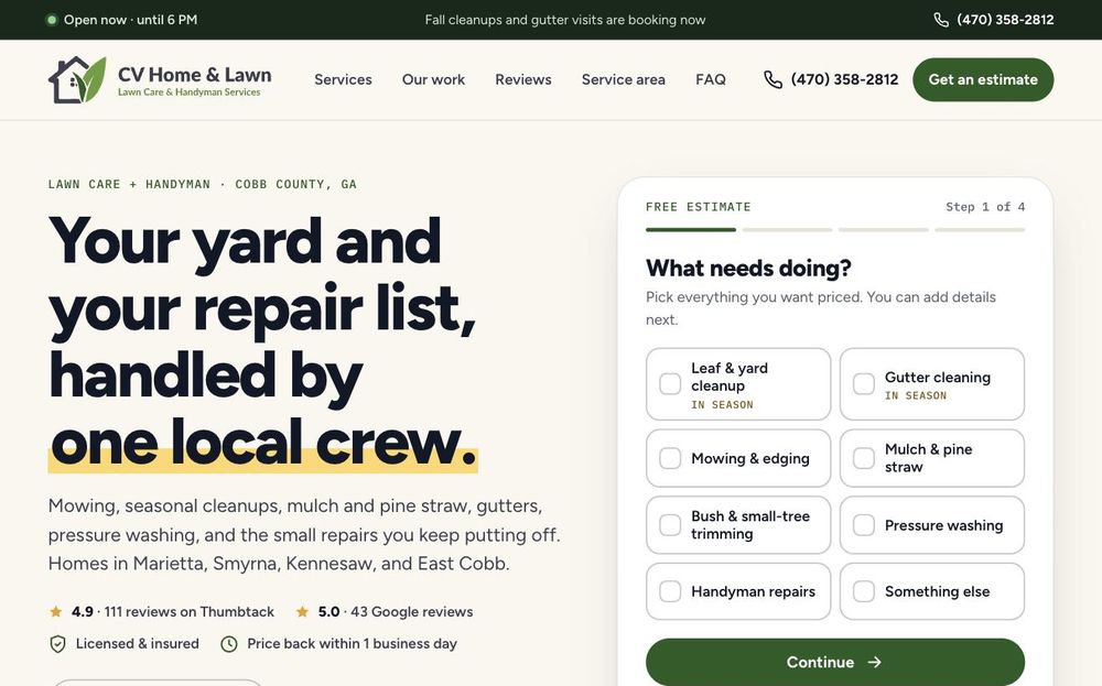 The new CV Home and Lawn homepage with its free estimate form