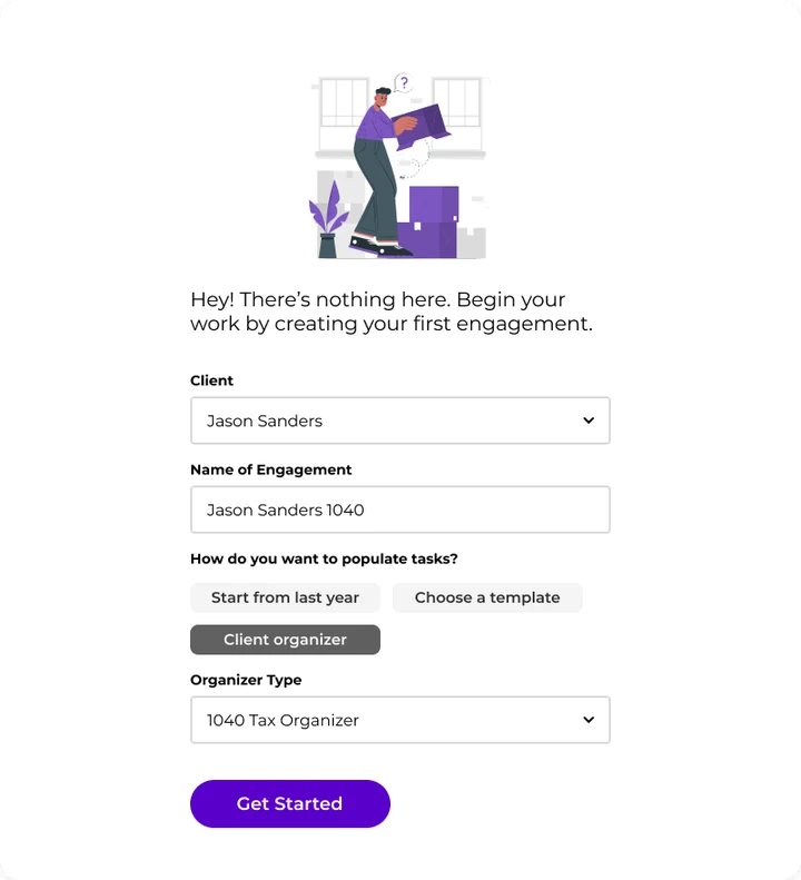 Digilence empty state: create your first engagement by choosing a client, naming the engagement, and picking how to populate tasks